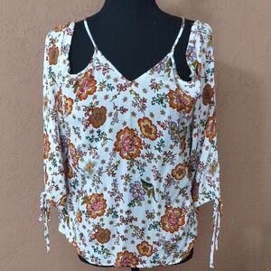 HOMMAGE Floral Cold Shoulder Blouse in White and Orange Size M